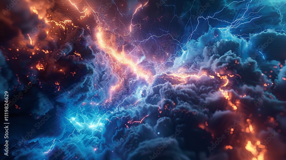 This photo depicts a striking lightning abstract image of a black background illuminated by multiple lightning strikes This photo depicts a striking lightning abstract image of a black background illuminated by multiple lightning strikes