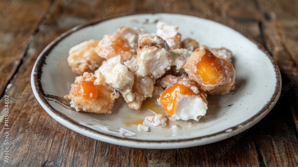 Plate of half-eaten butter fried chicken with unfinished pieces on rustic wooden table showcasing negative space and soft focus background Plate of half-eaten butter fried chicken with unfinished pieces on rustic wooden table showcasing negative space and soft focus background