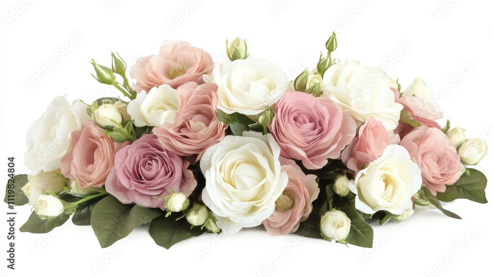 Delicate bouquet of pink and white roses with eustoma flowers elegantly arranged on a white background for floral design inspiration. Delicate bouquet of pink and white roses with eustoma flowers elegantly arranged on a white background for floral design inspiration.
