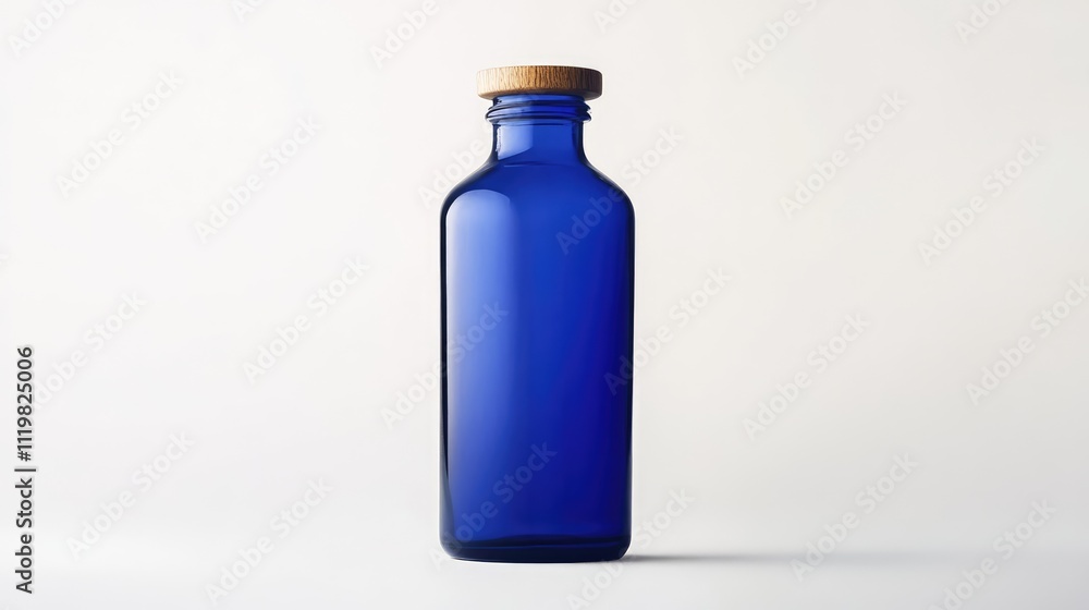 Obraz premium Elegant blue glass bottle with wooden cap isolated on clean white backdrop showcasing minimalist design and versatile usage options
