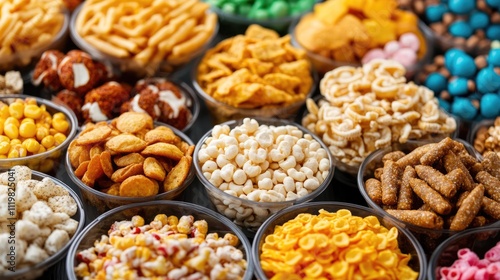 Assorted Snacks Spread for Event Catering in Colorful Bowls Displayed at a Celebration or Party photo