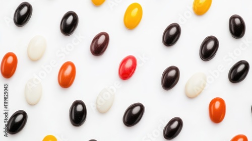 Colorful jelly bean candies scattered on a white background creating a vibrant and playful candy display suitable for sweet-themed designs