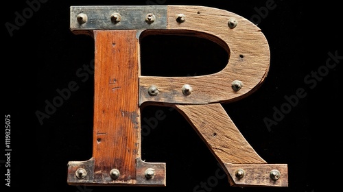 Wooden and metal letter R with rustic finish showcasing a blend of textures and materials ideal for vintage or artistic themes photo