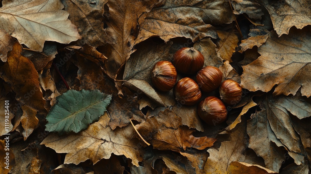 Chestnuts resting on dry fallen leaves showcasing autumn's beauty with a hint of green oak leaf in a natural setting. Chestnuts resting on dry fallen leaves showcasing autumn's beauty with a hint of green oak leaf in a natural setting.