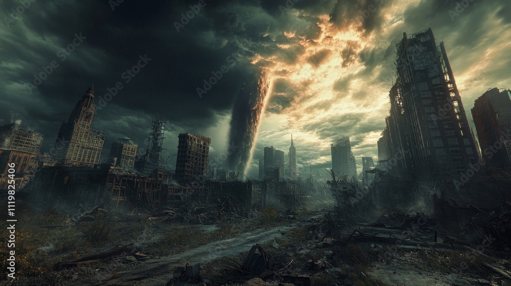 Fototapeta premium Post apocalyptic cityscape with a towering tornado tearing through abandoned, crumbling skyscrapers