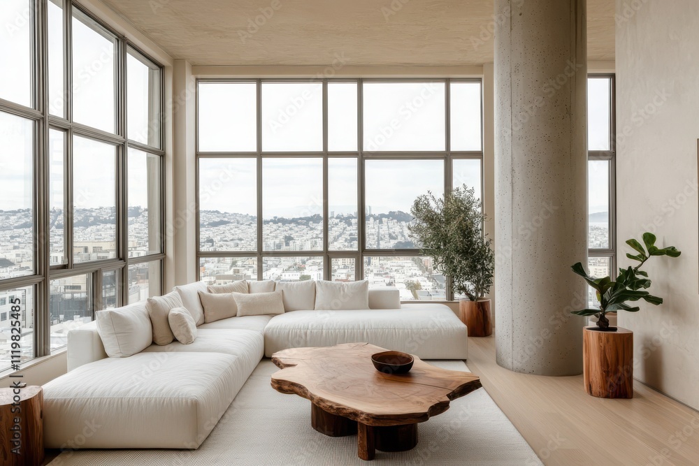 Fototapeta premium Modern minimalist living room large white sectional sofa