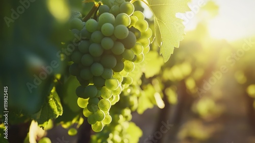 Clusters of unripe green grapes on a leafy vine in a sunlit vineyard symbolizing growth and the abundance of nature's harvest