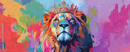 Abstract painting concept. Colorful art of a lion with a crown. Generative AI. photo