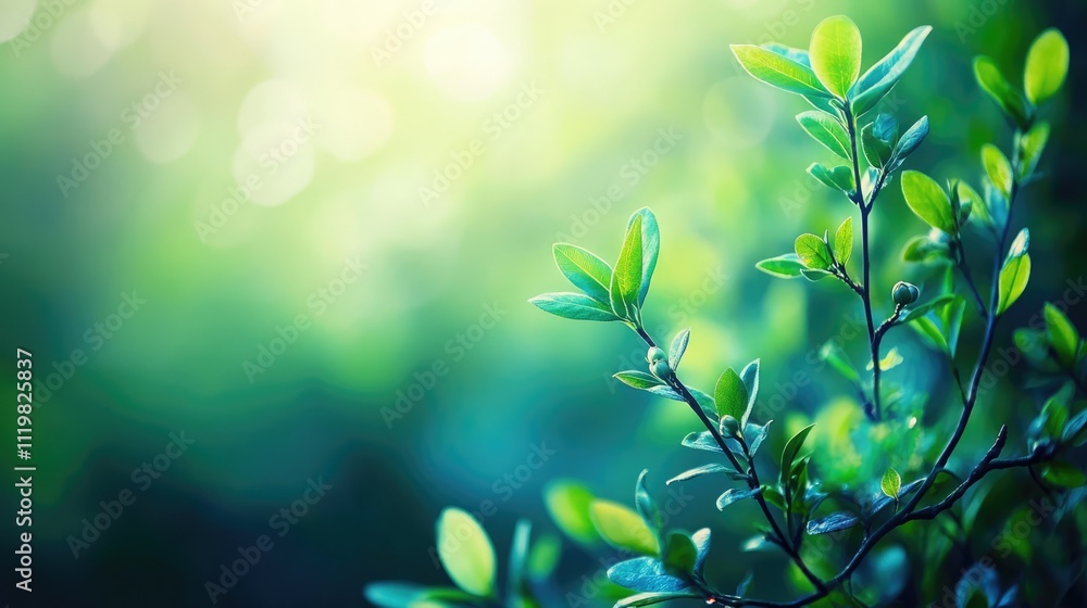 Spring awakening in a forest with budding shrub branches and fresh green leaves illuminated by soft sunlight and a blurred background. Spring awakening in a forest with budding shrub branches and fresh green leaves illuminated by soft sunlight and a blurred background.