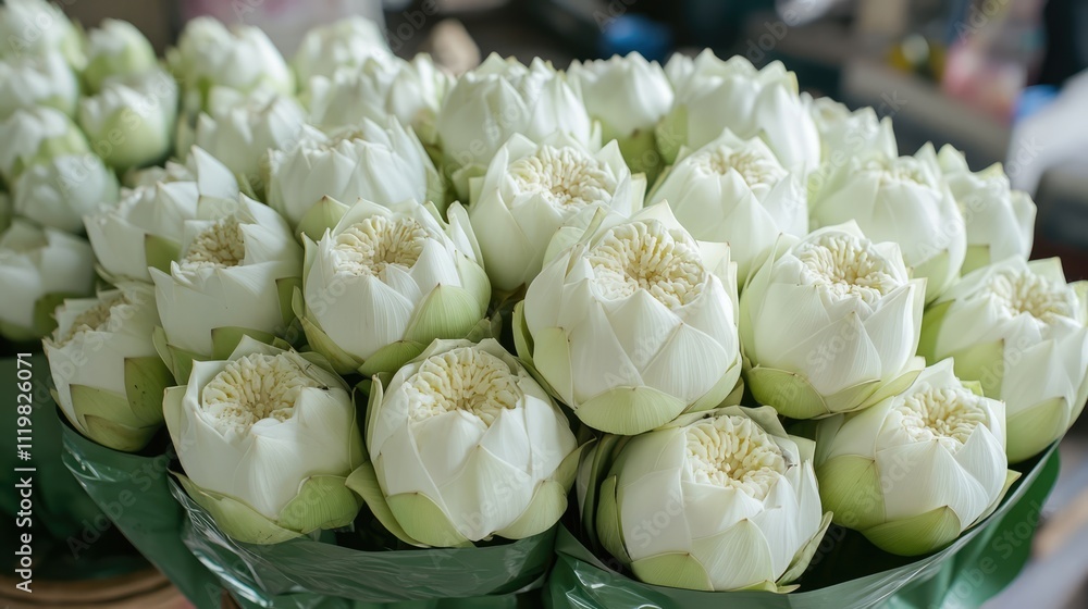 Fototapeta premium Fresh white lotus bouquets symbolizing respect and purity for worship, prayer, or meditation in a serene cultural setting.
