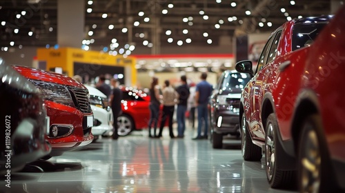 Shoppers engage actively as they browse through numerous vehicles.