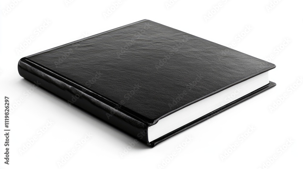 Elegant black notebook resting on a pristine white background ideal for stationery and office supplies concepts in advertising and design. Elegant black notebook resting on a pristine white background ideal for stationery and office supplies concepts in advertising and design.