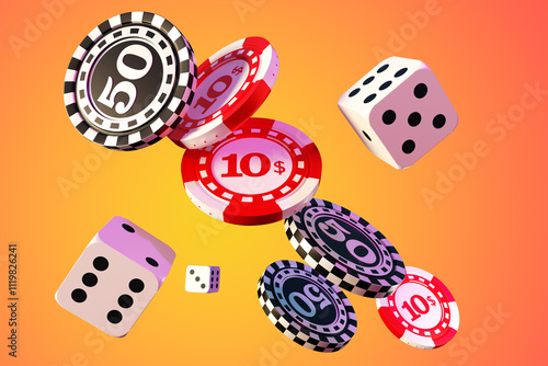 Gambling industry. Playing chips from casino. Games dice for money games. Casino chips on orange background. Gambling accessories for gambling people. Chips for casino or poker club. 3d image photo