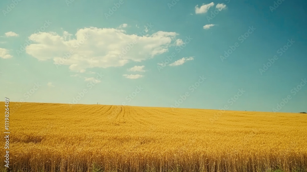 Idyllic golden field of ripe wheat under bright blue sky showcasing agricultural landscape and crop cultivation potential. Idyllic golden field of ripe wheat under bright blue sky showcasing agricultural landscape and crop cultivation potential.