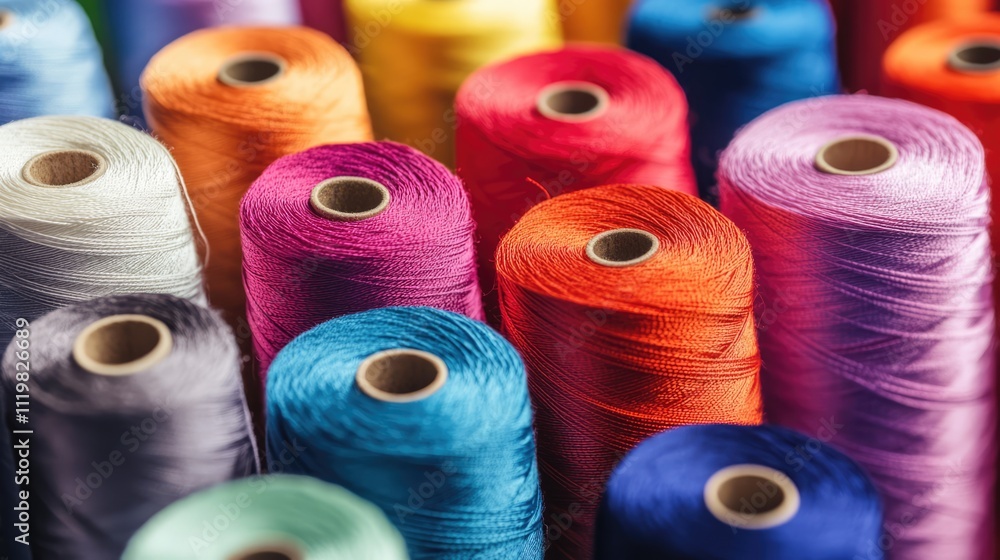Vibrant collection of spools of silk threads arranged in a colorful display showcasing various shades and textures for craft and design projects Vibrant collection of spools of silk threads arranged in a colorful display showcasing various shades and textures for craft and design projects