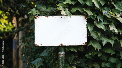 Blank white sign on a weathered pole surrounded by green foliage creating a rustic and versatile background for various uses. photo