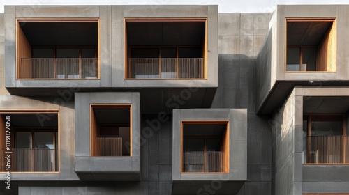 Modern architectural details of a multi-storey residential building facade with unique window designs under construction