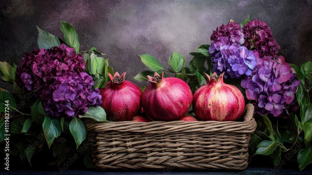 Ripe pomegranates in a wicker basket surrounded by vibrant purple flowers and lush greenery highlighting seasonal abundance and natural beauty Ripe pomegranates in a wicker basket surrounded by vibrant purple flowers and lush greenery highlighting seasonal abundance and natural beauty