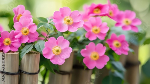 Blooming pink Rosa canina flowers climbing a bamboo fence in a vibrant garden setting decorated with lush greenery photo