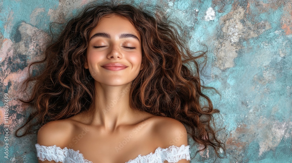 Portrait of a joyful fashion model with voluminous curls in a white dress smiling gently against a textured wall background Portrait of a joyful fashion model with voluminous curls in a white dress smiling gently against a textured wall background
