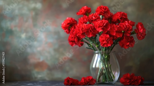 Vibrant bouquet of fresh red carnation flowers elegantly arranged in a clear glass vase on a rustic background. Perfect for floral decor.