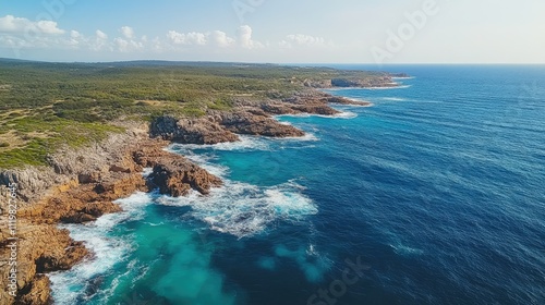 Aerial view of vibrant turquoise sea meeting rocky shoreline with foamy waves and lush green coastal landscape under bright blue sky