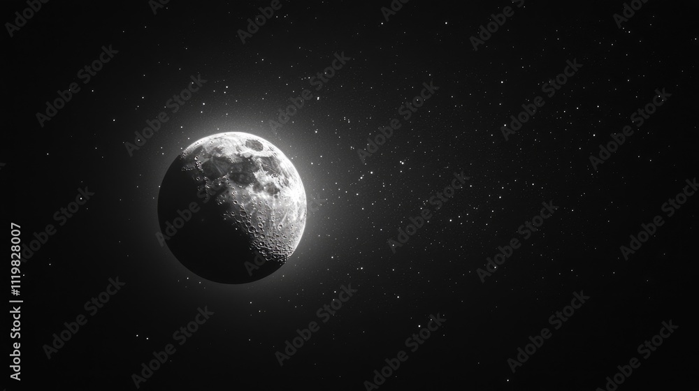 Fototapeta premium Almost Full Moon Glowing Brightly in a Starry Night Sky Close Up of Earth's Natural Satellite Illuminating the Darkness
