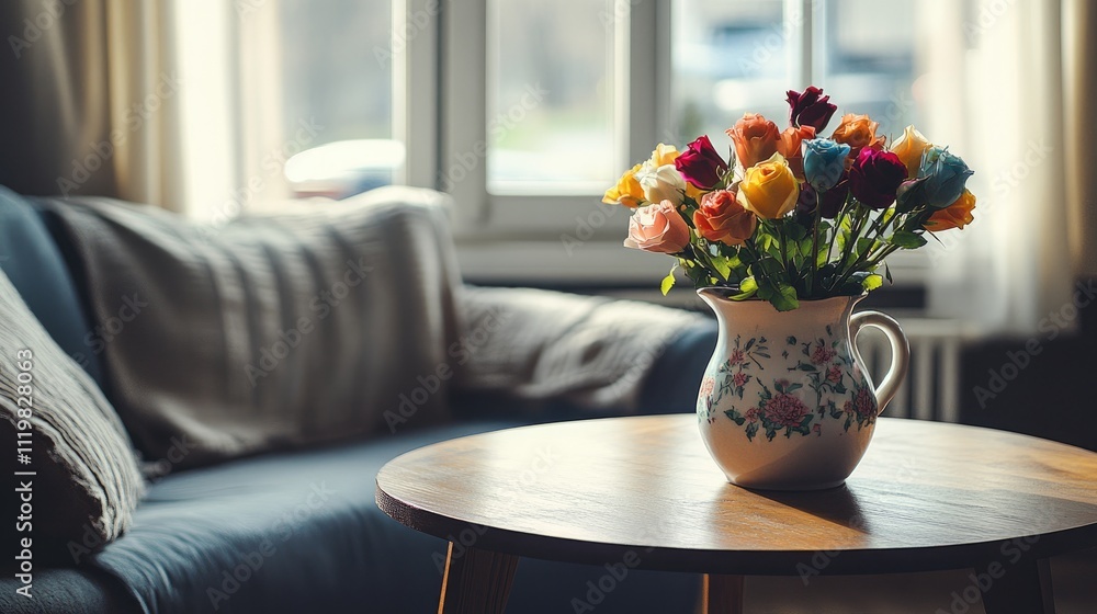 Vibrant multicolored rose bouquet in ceramic jug on wooden table beside window in cozy living room setting Vibrant multicolored rose bouquet in ceramic jug on wooden table beside window in cozy living room setting