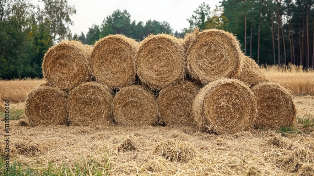 Hay bales stacked in a harvested field surrounded by trees showcasing agricultural abundance and rural landscape after grain harvesting Hay bales stacked in a harvested field surrounded by trees showcasing agricultural abundance and rural landscape after grain harvesting