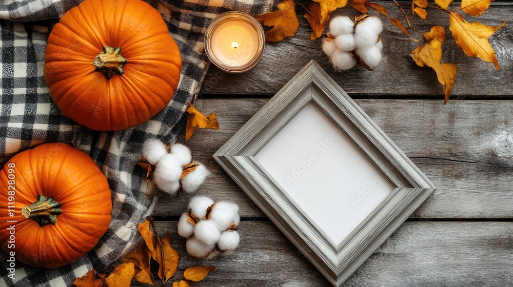 Autumn flat lay with pumpkins candles cotton branches and picture frame on rustic wooden table for seasonal decor and inspiration Autumn flat lay with pumpkins candles cotton branches and picture frame on rustic wooden table for seasonal decor and inspiration