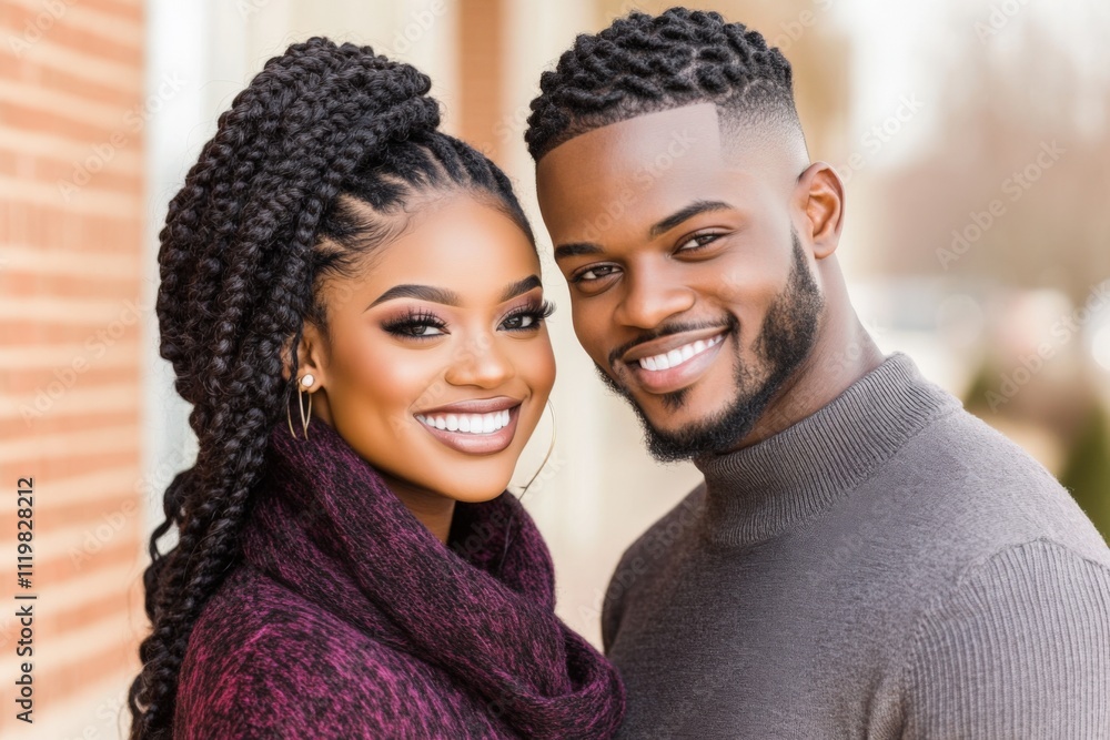 Smiling young Black couple posing outdoors, showcasing love and happiness in casual attire, AI Smiling young Black couple posing outdoors, showcasing love and happiness in casual attire, AI