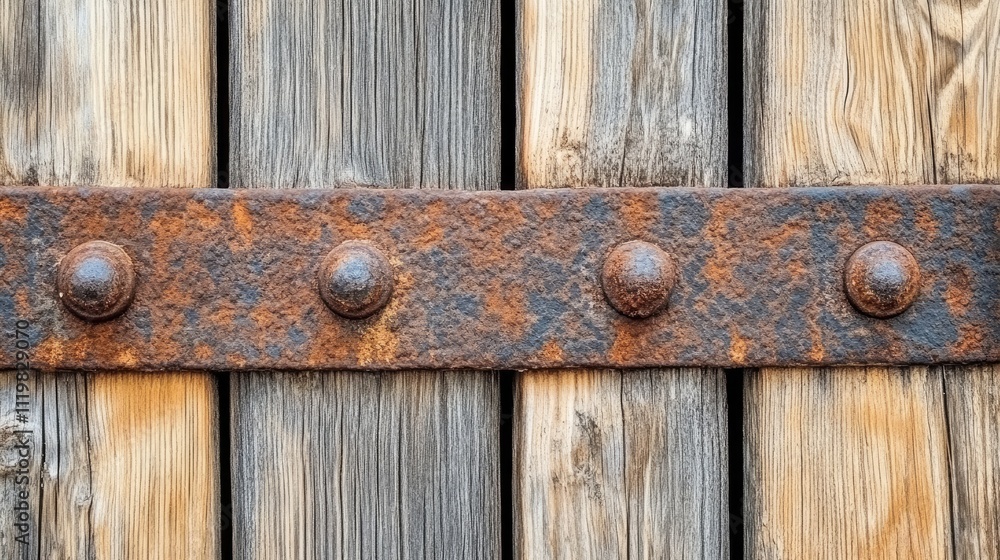 Textured wooden boards with darkened surfaces and rusty metal accents creating a rustic and weathered background for design projects Textured wooden boards with darkened surfaces and rusty metal accents creating a rustic and weathered background for design projects