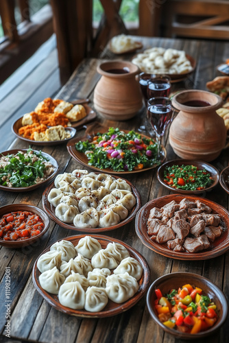 Table set with a banquet of typical Georgian dishes. 