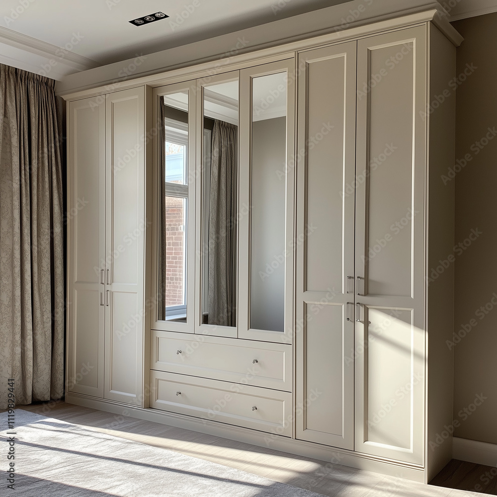 Fototapeta premium Light-coloured wooden bedroom wardrobe with mirrors.