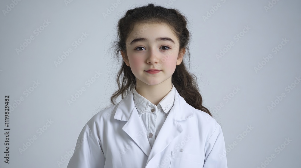Young girl in white coat posing for a beauty and skincare studio portrait against a clean white background with soft natural lighting. Young girl in white coat posing for a beauty and skincare studio portrait against a clean white background with soft natural lighting.