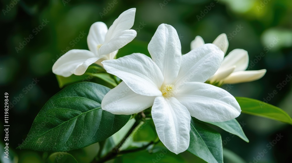 Delicate close-up of a white flower surrounded by lush green leaves highlighting the intricate petal details and serene natural beauty. Delicate close-up of a white flower surrounded by lush green leaves highlighting the intricate petal details and serene natural beauty.