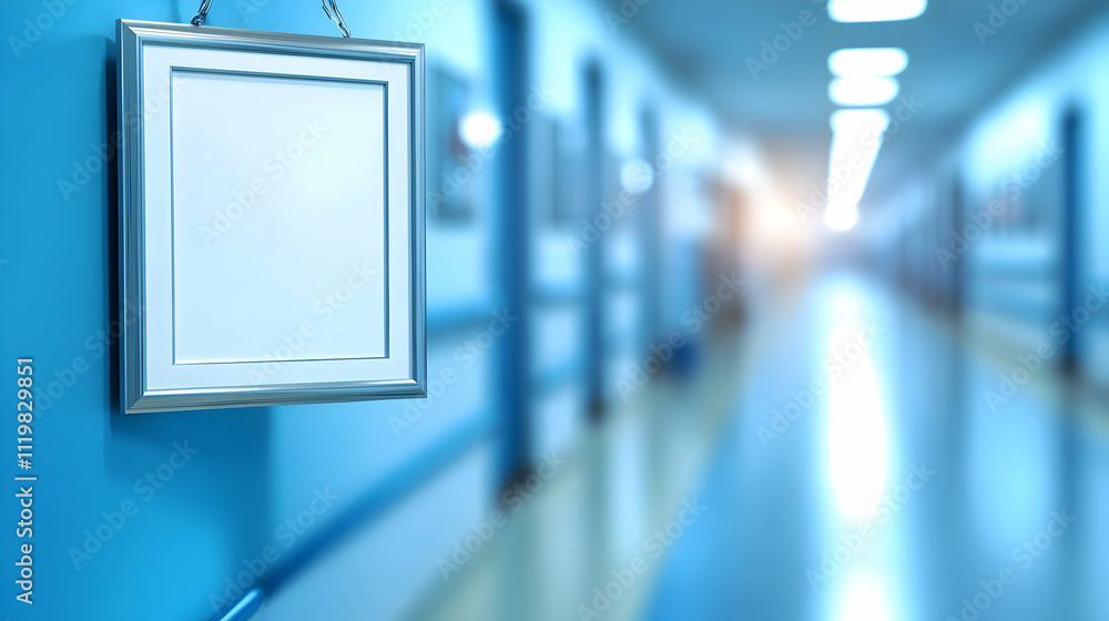 Blank frame hanging on blue hospital corridor wall. Blank frame hanging on blue hospital corridor wall.