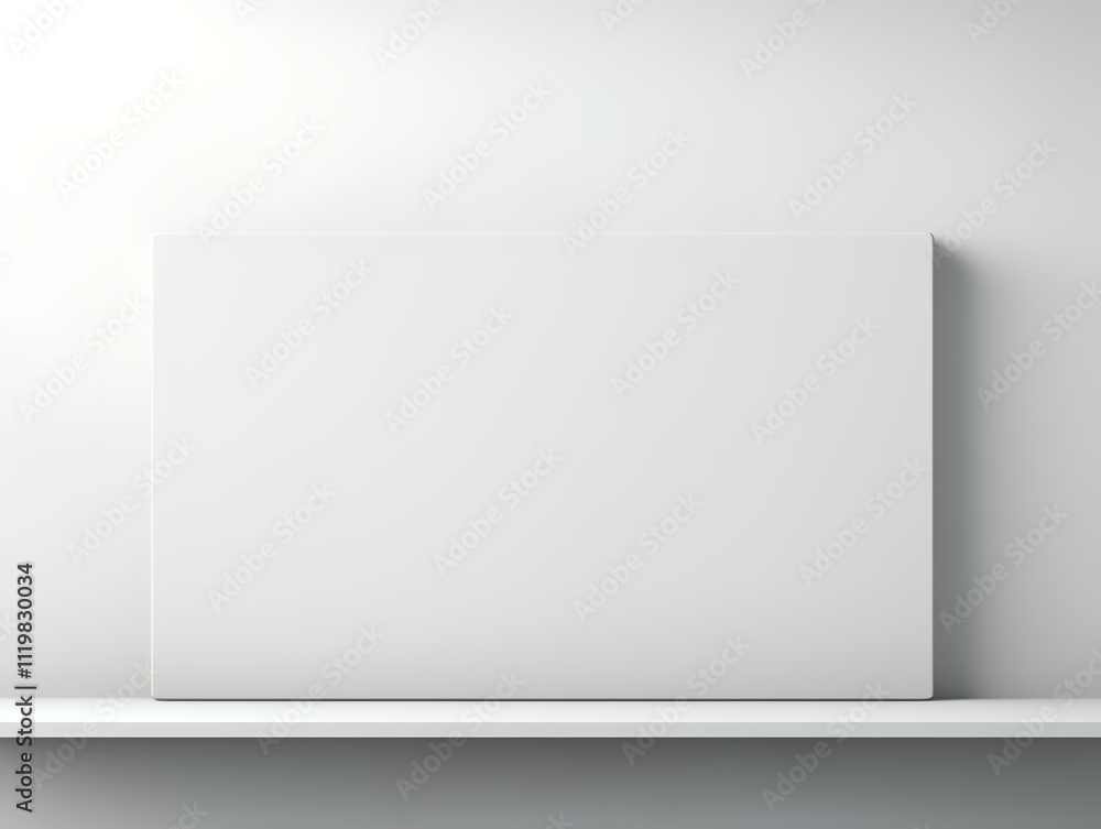 A blank canvas displayed on a shelf against a minimalistic wall. A blank canvas displayed on a shelf against a minimalistic wall.