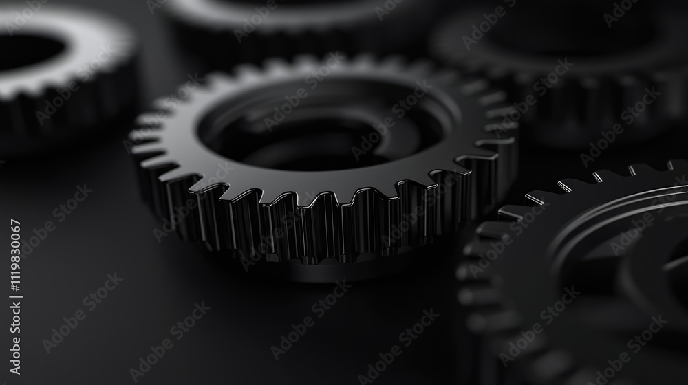 Close up of interconnected black gears on dark background representing complexity and interdependence in mechanical systems Close up of interconnected black gears on dark background representing complexity and interdependence in mechanical systems