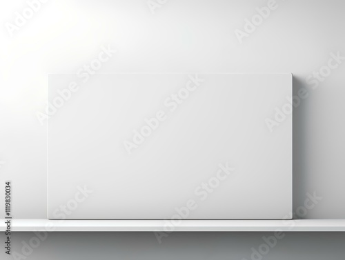 A blank canvas displayed on a shelf against a minimalistic wall.