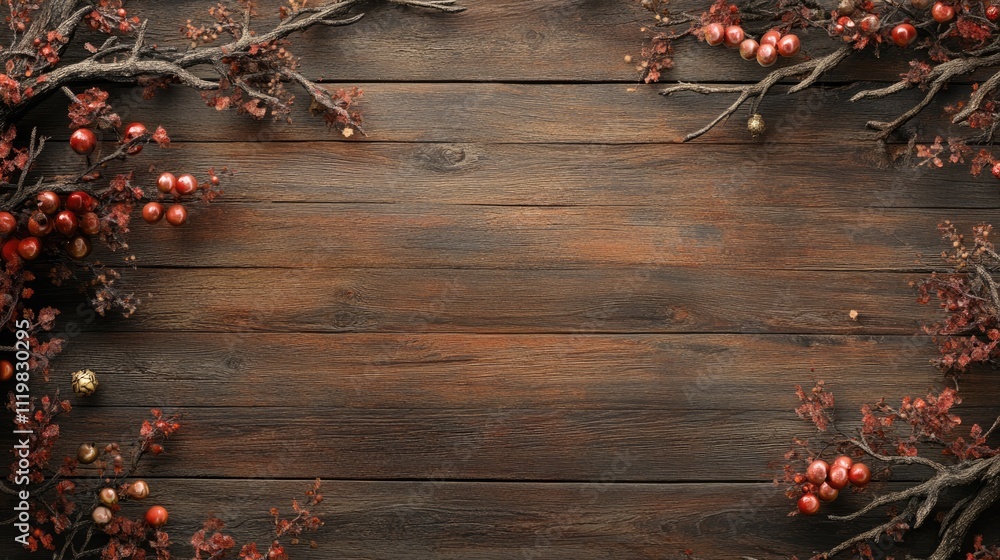 Rustic wooden backdrop with decorative branches and baubles creating an elegant space for personalized text or festive messaging Rustic wooden backdrop with decorative branches and baubles creating an elegant space for personalized text or festive messaging