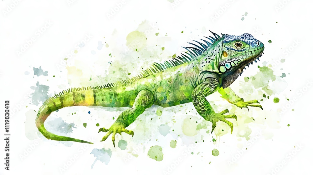 Obraz premium Green Iguana Watercolor Art Tropical Lizard Reptile