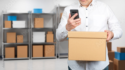 Man with box inside warehou...