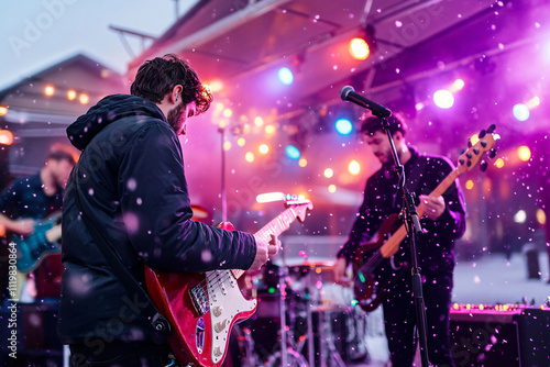 band performing at winter festival with snowflakes falling, creating magical atmosphere. colorful lights enhance festive mood