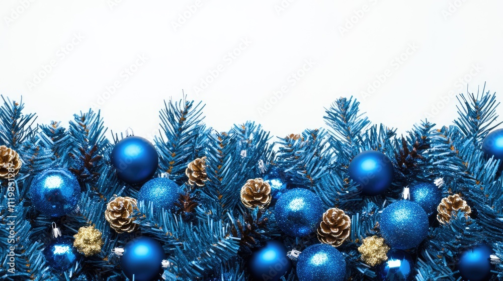 Blue Christmas tree decorations with shiny ornaments and pine cones arranged on a white background for holiday festive themes. Blue Christmas tree decorations with shiny ornaments and pine cones arranged on a white background for holiday festive themes.