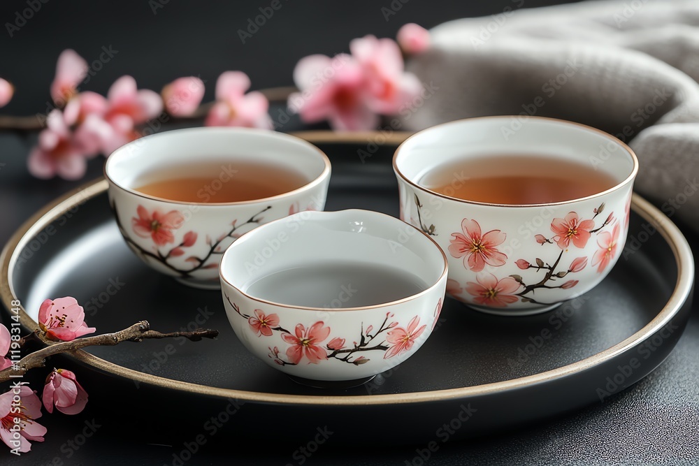 A Delicate Tea Set Arranged on a Black Table