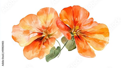 Watercolor Painting of Two Orange Nasturtium Flowers