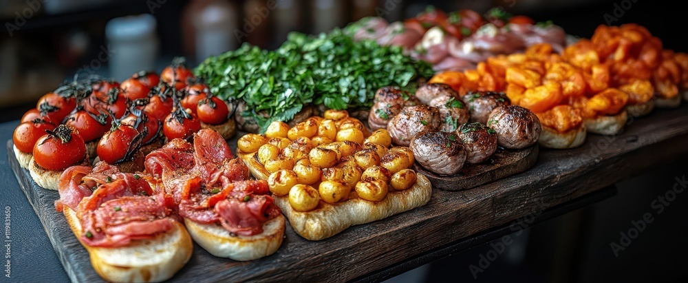 delectable selection of pinchos and tapas typical of the basque country artfully arranged to showcase a burst of colors and textures inviting patrons to indulge delectable selection of pinchos and tapas typical of the basque country artfully arranged to showcase a burst of colors and textures inviting patrons to indulge