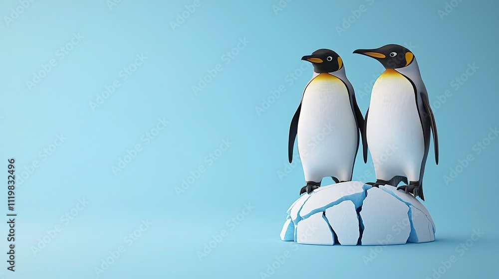 Fototapeta premium Environmental consideration concept. Two penguins on a cracked ice surface against a soft blue background.