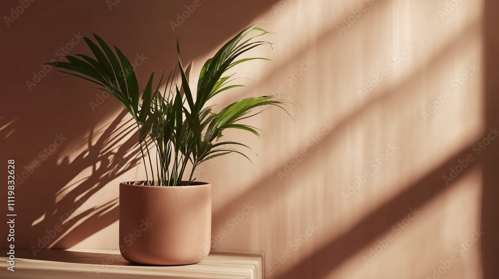Soft sunlight highlights a potted plant casting elegant shadows in a minimalist indoor space Soft sunlight highlights a potted plant casting elegant shadows in a minimalist indoor space